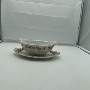 EUC Vintage Valmont China Briar Rose Gravy Boat with Attached Underplate Pink